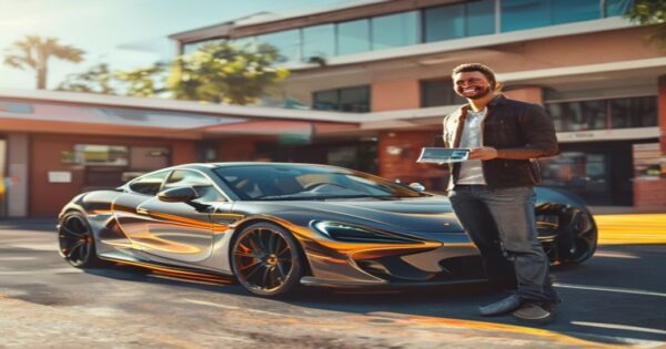 Euromillones: cuando la suerte se encuentra con la pasión por la F1 2 A photorealistic image of a McLaren 720S parked in front of a driving school, with a smiling man in his 30s holding a driver's license, sunny day, urban background.