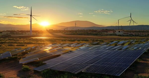 A photorealistic wide shot of a solar panel field in Sonora, Mexico, with the sun setting behind the panels, casting long shadows. In the background, a traditional Mexican village with adobe houses an