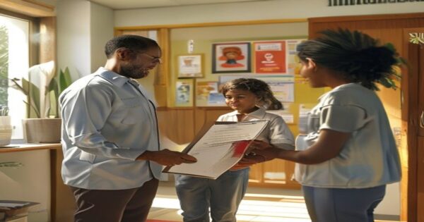 A photorealistic image of a social worker handing a folder to a grateful family at a municipal office in Spain. The room is bright and welcoming, with posters about social services on the wall. The fa