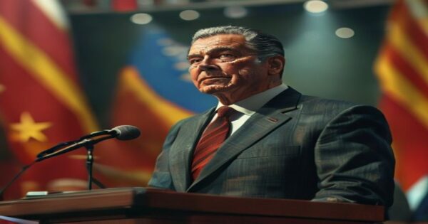 Albert Rivera y su crítica al Estado: mitos y realidades del empleo público en España 2 A photorealistic image of Albert Rivera speaking at a political event, with a thoughtful expression, wearing a suit and tie, standing at a podium with microphones, in a conference hall with Spanish fl