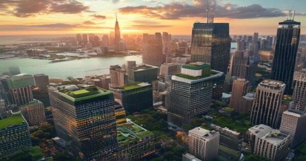 Mejores ciudades de Illinois para emprender en 2026: análisis completo 2 A photorealistic aerial view of Chicago skyline at sunset, with modern skyscrapers and Lake Michigan in the background, emphasizing a bustling business district with green roofs and coworking spaces.