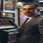 A photorealistic image of Albert Rivera in a business suit, standing next to a lottery ball machine with numbered balls, in a modern office setting with lottery posters on the wall.