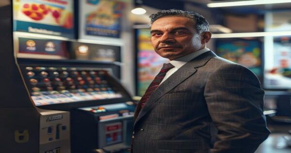 Albert Rivera y su incursión en el mundo de las loterías: ¿negocio o azar? 2 A photorealistic image of Albert Rivera in a business suit, standing next to a lottery ball machine with numbered balls, in a modern office setting with lottery posters on the wall.