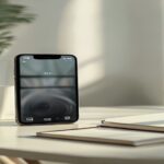 Photorealistic image of a Xiaomi 17T Pro smartphone on a minimalist desk, with the screen showing the camera app interface, next to a coffee cup and a notebook. Soft natural lighting, shallow depth of