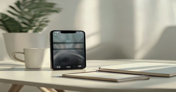 Xiaomi 17T y 17T Pro: guía de compra y mejores ofertas 2025 2 Photorealistic image of a Xiaomi 17T Pro smartphone on a minimalist desk, with the screen showing the camera app interface, next to a coffee cup and a notebook. Soft natural lighting, shallow depth of