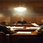 A photorealistic image of a courtroom scene with a judge and lawyers discussing documents, soft lighting, professional atmosphere, no text or logos.