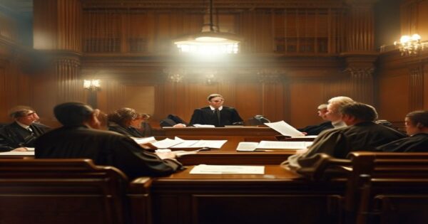 A photorealistic image of a courtroom scene with a judge and lawyers discussing documents, soft lighting, professional atmosphere, no text or logos.