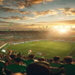 A realistic photo of a football stadium in Oviedo, Spain, with fans in green and white celebrating an ascension. The stands are full, flags waving, and players in green jerseys hugging on the pitch. S