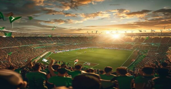 Ascenso del Coria: un hito para el fútbol modesto extremeño 2 A realistic photo of a football stadium in Oviedo, Spain, with fans in green and white celebrating an ascension. The stands are full, flags waving, and players in green jerseys hugging on the pitch. S