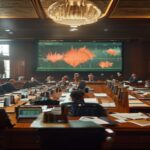 A photorealistic image of a parliamentary committee room with lawmakers seated at a long table, documents and laptops in front of them, a large screen displaying a graph of COVID-19 cases, serious atm