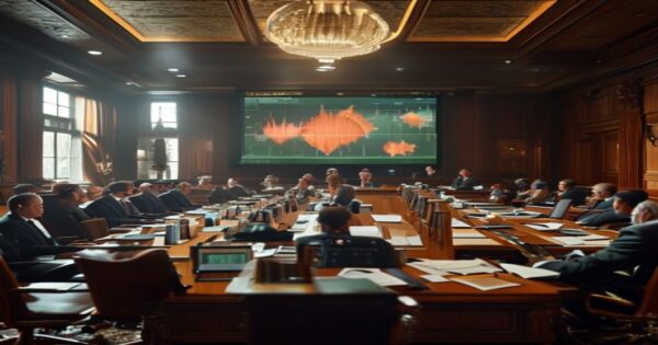 Comisión COVID-19: ¿acertó el gobierno en sus decisiones? 2 A photorealistic image of a parliamentary committee room with lawmakers seated at a long table, documents and laptops in front of them, a large screen displaying a graph of COVID-19 cases, serious atm