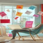 A person using a laptop with shopping bags and discount coupons floating around, photorealistic, bright colors, modern home office setting, no text.