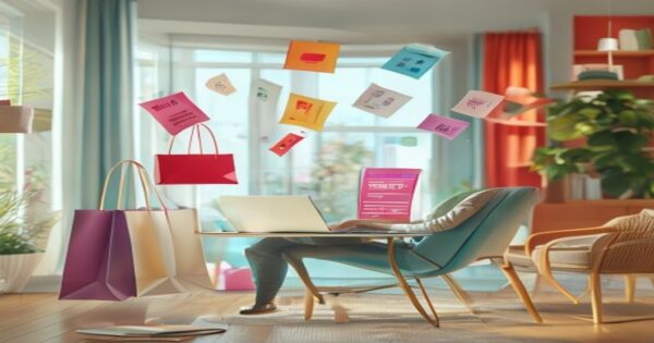 A person using a laptop with shopping bags and discount coupons floating around, photorealistic, bright colors, modern home office setting, no text.