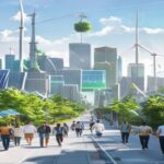 A photorealistic image of a modern city skyline with green rooftops, solar panels, and wind turbines in the background, with a large digital screen displaying a graph showing growth in sustainable inv