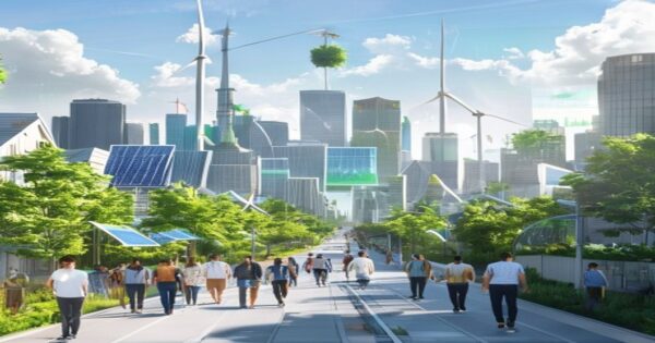 Financiación sostenible: el nuevo paradigma de inversión pública y privada 2 A photorealistic image of a modern city skyline with green rooftops, solar panels, and wind turbines in the background, with a large digital screen displaying a graph showing growth in sustainable inv