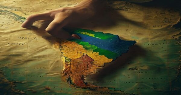 EE.UU. designa terroristas a pandillas brasileñas: ¿imperialismo o seguridad? 2 A photorealistic image showing a map of South America with the United States flag superimposed over Brazil, and a shadowy hand reaching down from the top, symbolizing intervention. No text or logos.