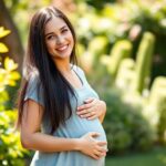 A young woman with long dark hair, smiling while holding a rounded belly, wearing a casual dress, standing in a sunlit garden, photorealistic style, natural lighting, family-friendly atmosphere.