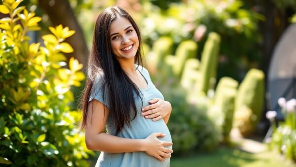 Claudia Osborne: Tercer embarazo y la ilusión de Bertín Osborne 2 A young woman with long dark hair, smiling while holding a rounded belly, wearing a casual dress, standing in a sunlit garden, photorealistic style, natural lighting, family-friendly atmosphere.