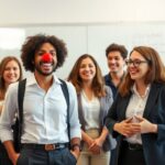 A group of office workers in business casual attire laughing and participating in an improvisational theater game, one person wearing a red clown nose, bright office setting with whiteboard in backgro