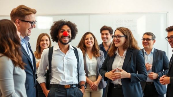 Team Building con Humor: De la Tortura Corporativa a la Risa Terapéutica 2 A group of office workers in business casual attire laughing and participating in an improvisational theater game, one person wearing a red clown nose, bright office setting with whiteboard in backgro