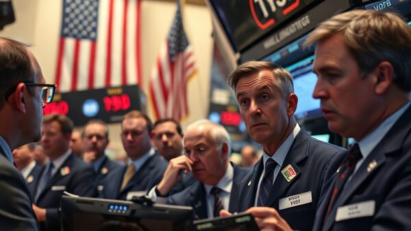 Wall Street Rompe su Racha Ganadora: ¿Fin del Rally o Pausa Necesaria? 2 Realistic photo of Wall Street traders at the New York Stock Exchange looking at screens with red numbers, some appearing concerned or discussing, with the American flag in the background, professiona