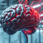 A photorealistic image of a human brain connected to a glowing digital circuit board, with wires and data streams emanating from it, set in a sterile laboratory. The brain has both organic and metalli