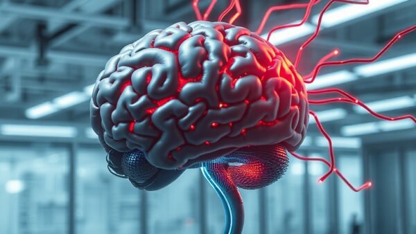 A photorealistic image of a human brain connected to a glowing digital circuit board, with wires and data streams emanating from it, set in a sterile laboratory. The brain has both organic and metalli