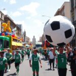 A vibrant street parade in Mexico City with colorful floats, people wearing traditional Mexican costumes and soccer jerseys, mariachi musicians, and large piñatas shaped like soccer balls, all under