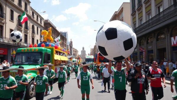 México: fútbol, color y tradición en cada rincón 2 A vibrant street parade in Mexico City with colorful floats, people wearing traditional Mexican costumes and soccer jerseys, mariachi musicians, and large piñatas shaped like soccer balls, all under