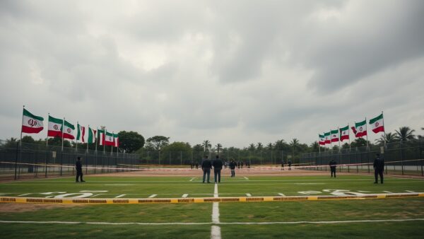 ¿Base iraní en México? Geopolítica y un misterioso hallazgo 2 Photorealistic wide shot of a Mexican training facility with Iranian flags and football fields, surrounded by police tape and forensic investigators near a body outline, under a grey sky, no text
