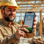 A construction worker in a hard hat and dusty clothes holds a smartphone showing a budget app interface with a digital signature prompt. The background is a partially built wooden frame structure, wit