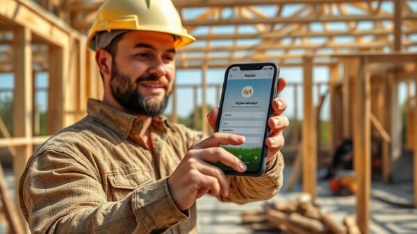 PresupuestAPP: la app para presupuestos de obras desde tu móvil 2 A construction worker in a hard hat and dusty clothes holds a smartphone showing a budget app interface with a digital signature prompt. The background is a partially built wooden frame structure, wit