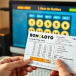 A fotorealistic image of a person holding a printed Bonoloto lottery ticket in front of a computer screen showing the winning numbers, with a desk and coffee cup nearby, warm lighting, Spain context,
