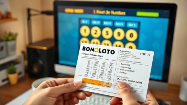 Bonoloto: Cómo comprobar resultados y aumentar tus opciones 2 A fotorealistic image of a person holding a printed Bonoloto lottery ticket in front of a computer screen showing the winning numbers, with a desk and coffee cup nearby, warm lighting, Spain context,