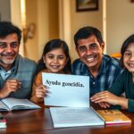 A family with two children sitting at a table with textbooks and school supplies, looking relieved with a letter in hand that says 'Ayuda concedida' (aid granted). Realistic photo, warm lighting, inte