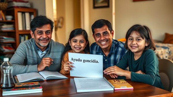 Ayudas municipales para libros de texto: alivio económico para las familias trabajadoras 7 A family with two children sitting at a table with textbooks and school supplies, looking relieved with a letter in hand that says 'Ayuda concedida' (aid granted). Realistic photo, warm lighting, inte