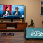 A photorealistic image of a Peruvian living room with a TV showing a debate between Pedro Castillo and Keiko Fujimori, while a smartphone on the coffee table displays a meme with a caption about 'la l