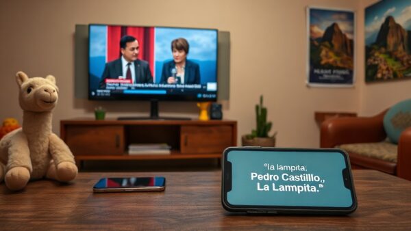 Memes de la Segunda Vuelta Electoral: Humor Político que Marcó Tendencia 2 A photorealistic image of a Peruvian living room with a TV showing a debate between Pedro Castillo and Keiko Fujimori, while a smartphone on the coffee table displays a meme with a caption about 'la l