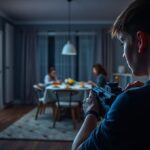 A photorealistic image of a teenager playing a first-person shooter video game in a dark room, with the screen showing colorful action. In the background, a family is having dinner peacefully, symboli