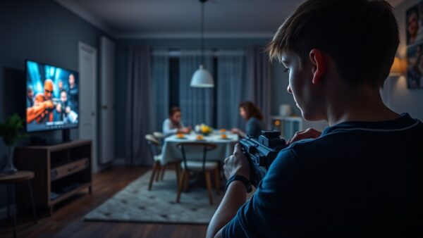 Videojuegos violentos y violencia real: el mito que se resiste a morir 2 A photorealistic image of a teenager playing a first-person shooter video game in a dark room, with the screen showing colorful action. In the background, a family is having dinner peacefully, symboli