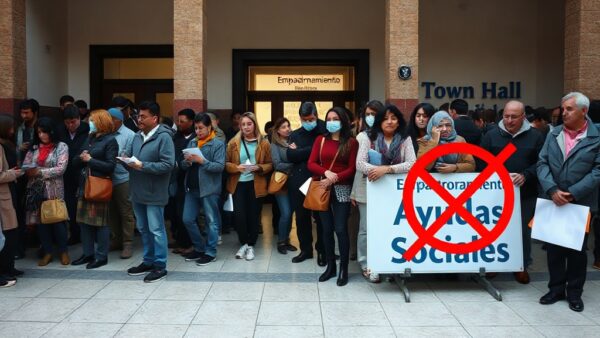Padrón y ayudas sociales: ¿control o exclusión? 2 A photorealistic image of a Spanish town hall registration office with a long queue of diverse people looking worried, papers in hand, with a sign 'Empadronamiento' and another sign 'Ayudas Sociales'