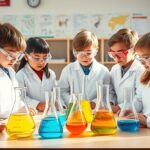 A group of elementary school children in white lab coats and safety goggles, gathered around a table with colorful chemical reactions in beakers, bright natural light, photorealistic, classroom settin