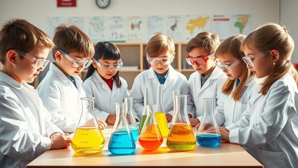 Científicos por un día: el poder de la educación científica temprana 2 A group of elementary school children in white lab coats and safety goggles, gathered around a table with colorful chemical reactions in beakers, bright natural light, photorealistic, classroom settin