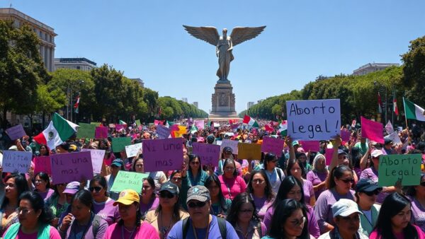 A photorealistic image of a large women's march in Mexico City, with colorful banners reading 'Ni una más' and 'Aborto legal', thousands of women wearing purple and green, in front of the Angel of In