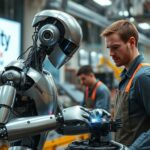A photorealistic image of a humanoid robot working alongside factory workers in a modern assembly line. The robot has a sleek metallic body and is welding a car part. In the background, there is a lar