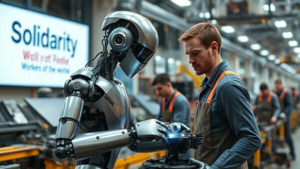 IA y robótica: ¿El fin del trabajo o nueva oportunidad? 2 A photorealistic image of a humanoid robot working alongside factory workers in a modern assembly line. The robot has a sleek metallic body and is welding a car part. In the background, there is a lar