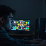 A photorealistic image of a person sitting alone in a dimly lit room, staring at a computer screen displaying a colorful online casino interface. The person looks exhausted, with dark circles under th
