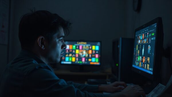 A photorealistic image of a person sitting alone in a dimly lit room, staring at a computer screen displaying a colorful online casino interface. The person looks exhausted, with dark circles under th