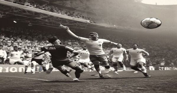 El 'Milagro de Belo Horizonte' de 1950: cuando EE.UU. humilló a Inglaterra en el Mundial 2 A photorealistic image of the 1950 World Cup match between USA and England at Estádio Independência in Belo Horizonte, Brazil. A black-and-white photo style showing players in old-fashioned kits, wi