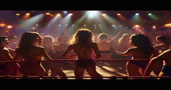 Bad Bunny y la Casita: ¿negocio o exclusión? Una mirada desde la economía popular 2 A photorealistic image of a luxurious VIP section at a concert, with a velvet rope separating it from the general audience. Inside, a few thin, conventionally attractive women are dancing, while outsi